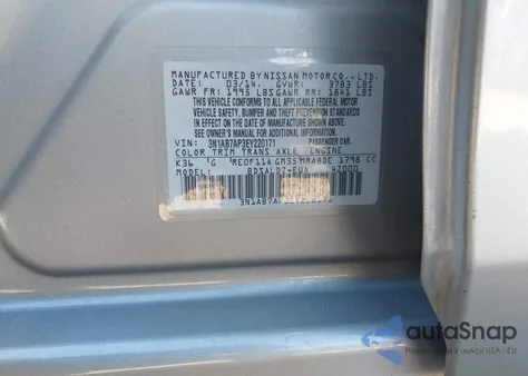 2014 Nissan Sentra Sv z USA, uszkodzony, nr VIN 3N1AB7AP3EY220171